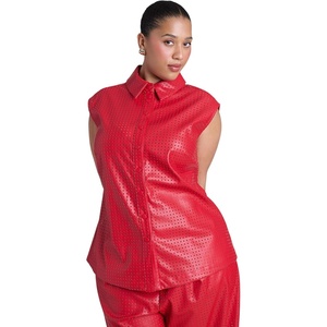 image:imageELOQUII Perforated Faux Leather TieWaist TopBarbados Cherry