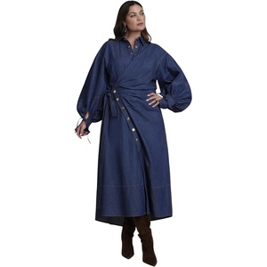 image:imageELOQUII Balloon Denim Maxi Shirt DressDark Wash